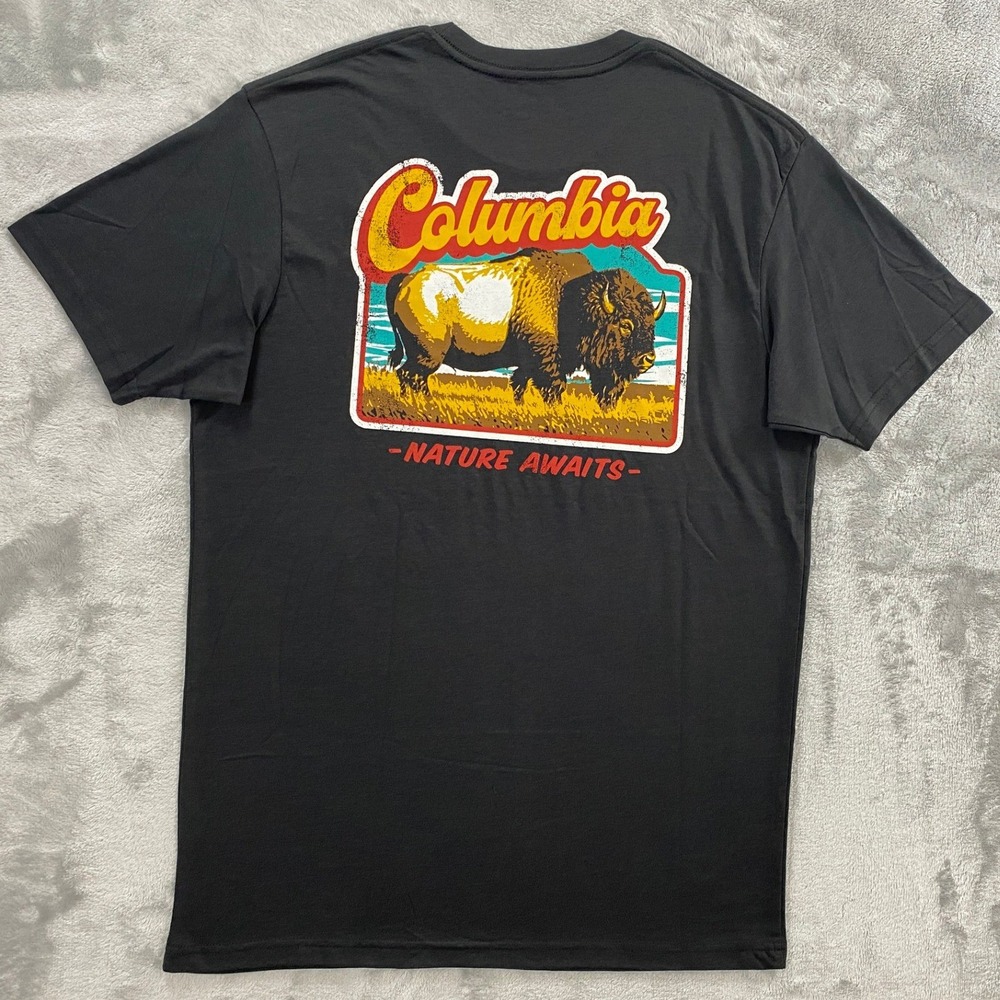 Columbia CSC Graphic Tee Mens Medium Dark Grey Buffalo Nature Awaits 1934841